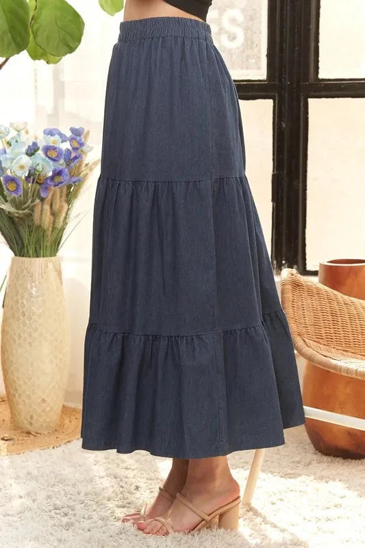 ADORA Waist Band Tiered Denim Maxi Skirt