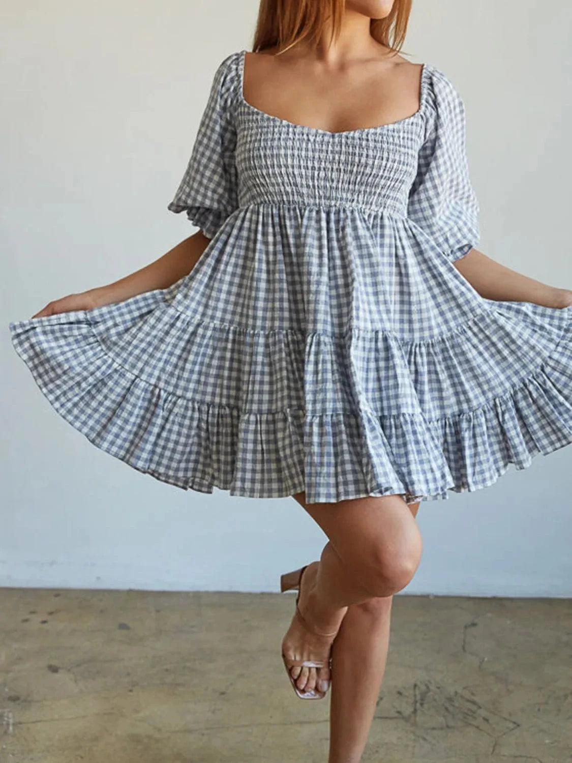 Ruffled Hem Plaid Half Sleeve Mini Dress
