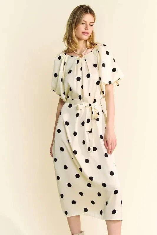 Davi & Dani Polka Dot Puff Sleeves Waist Tie Midi Dress