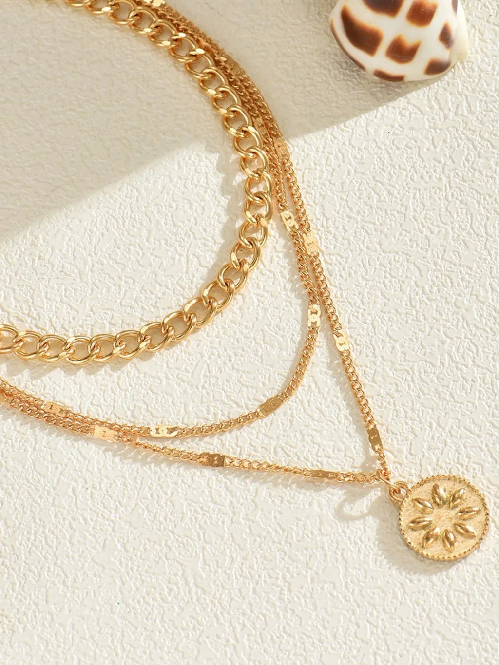 18K Gold-Plated Layered Necklace with Sun Medallion Pendant