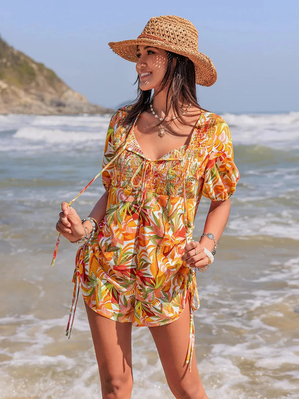 Smocked Printed Tie Neck Romper