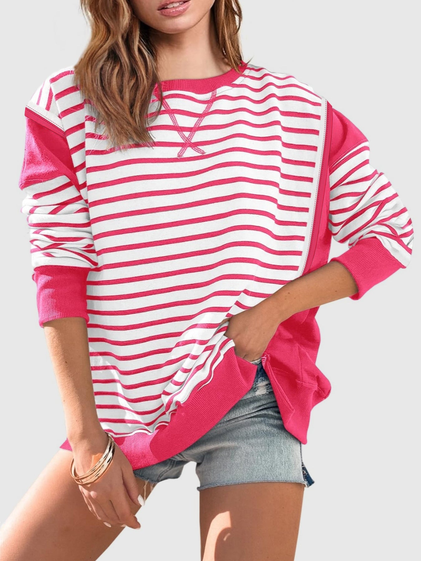 Slit Exposed Seam Striped Long Sleeve Sweatshirt - Laazaar