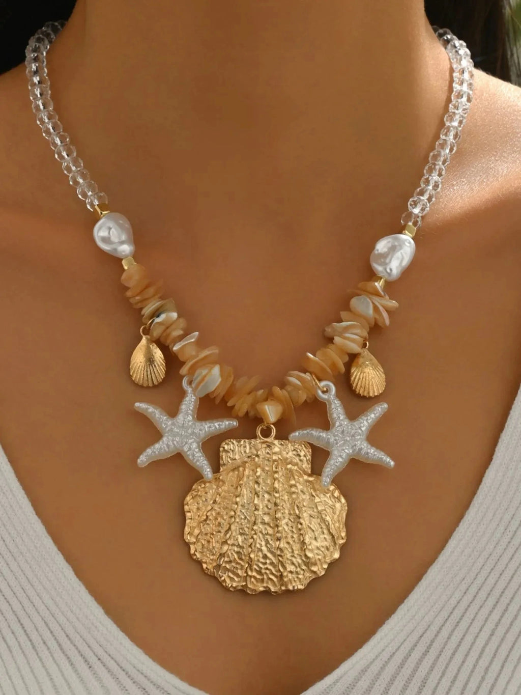 18K Gold-Plated Beach Shell Starfish Pendant Necklace