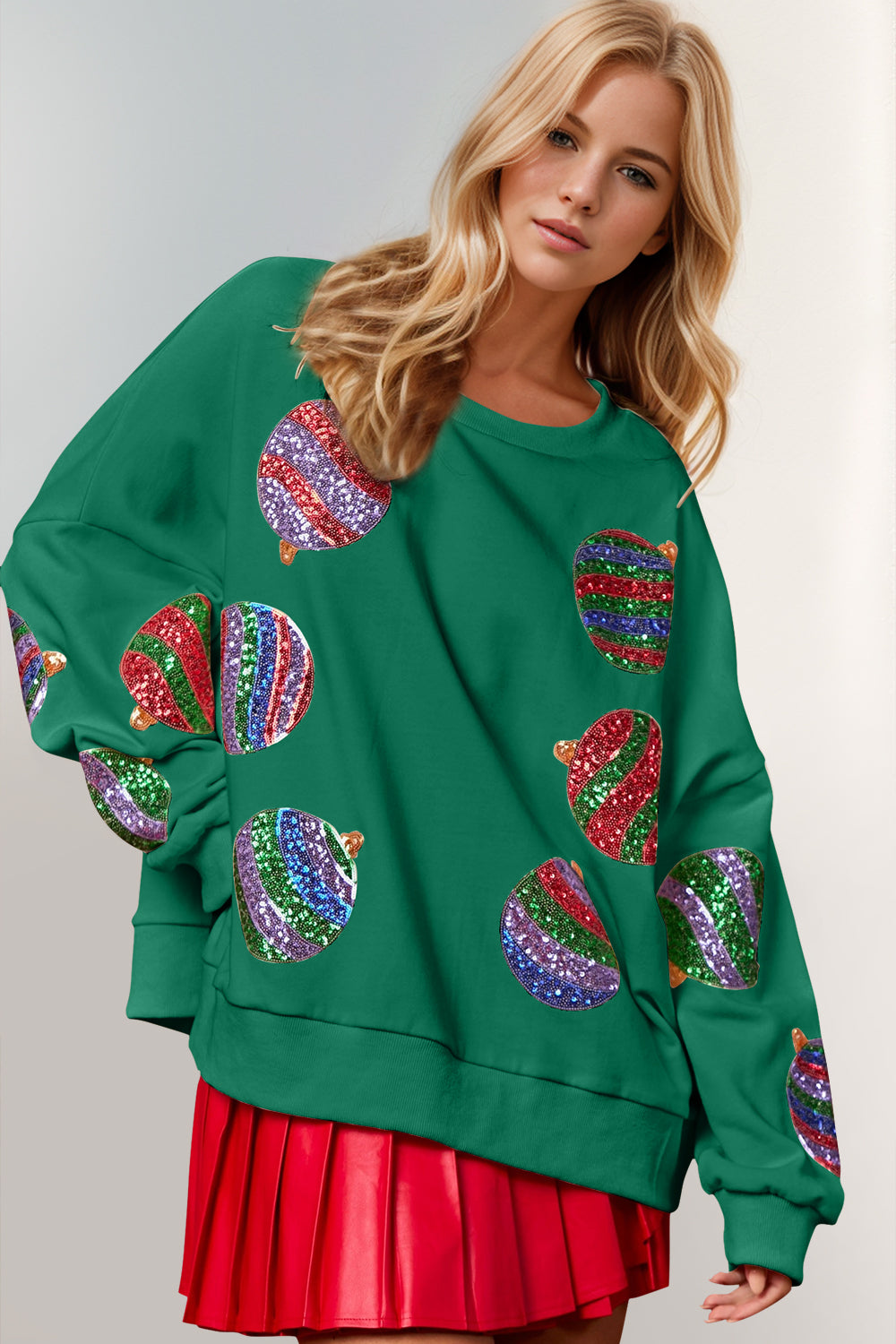 Double Take Christmas Element Sequin Round Neck Long Sleeve Sweatshirt - Laazaar