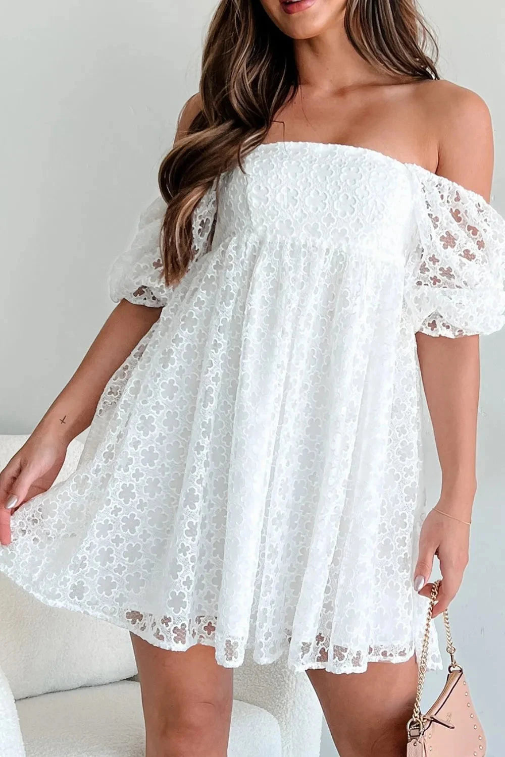 Lace Puff Sleeve Empire Waist Mini Dress