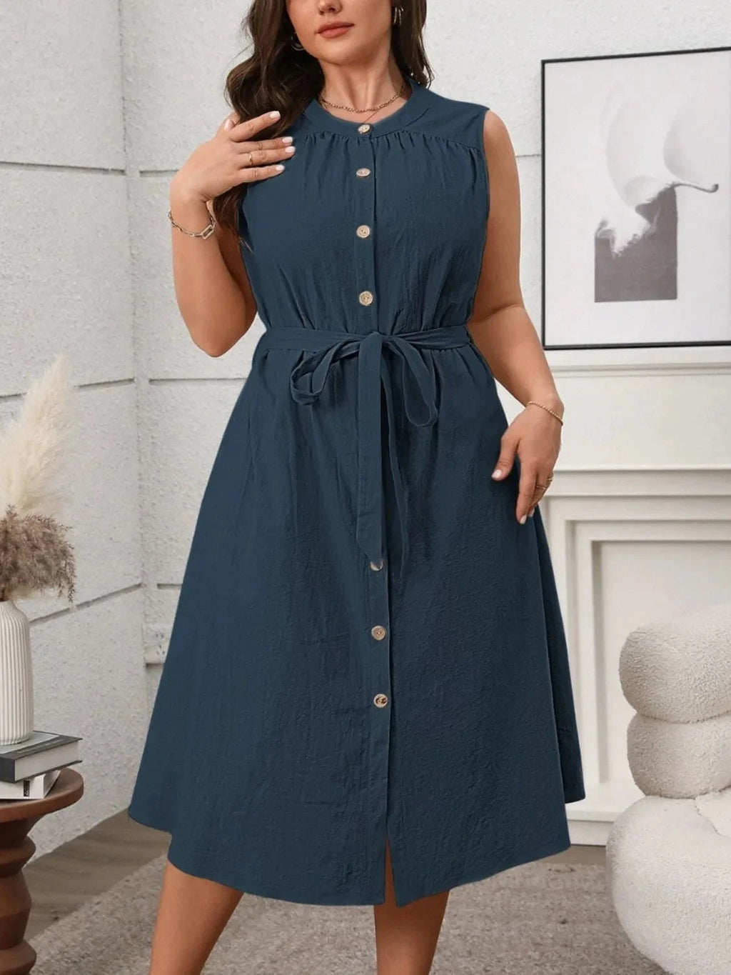 Plus Size Button Front Tie Waist Sleeveless Dress