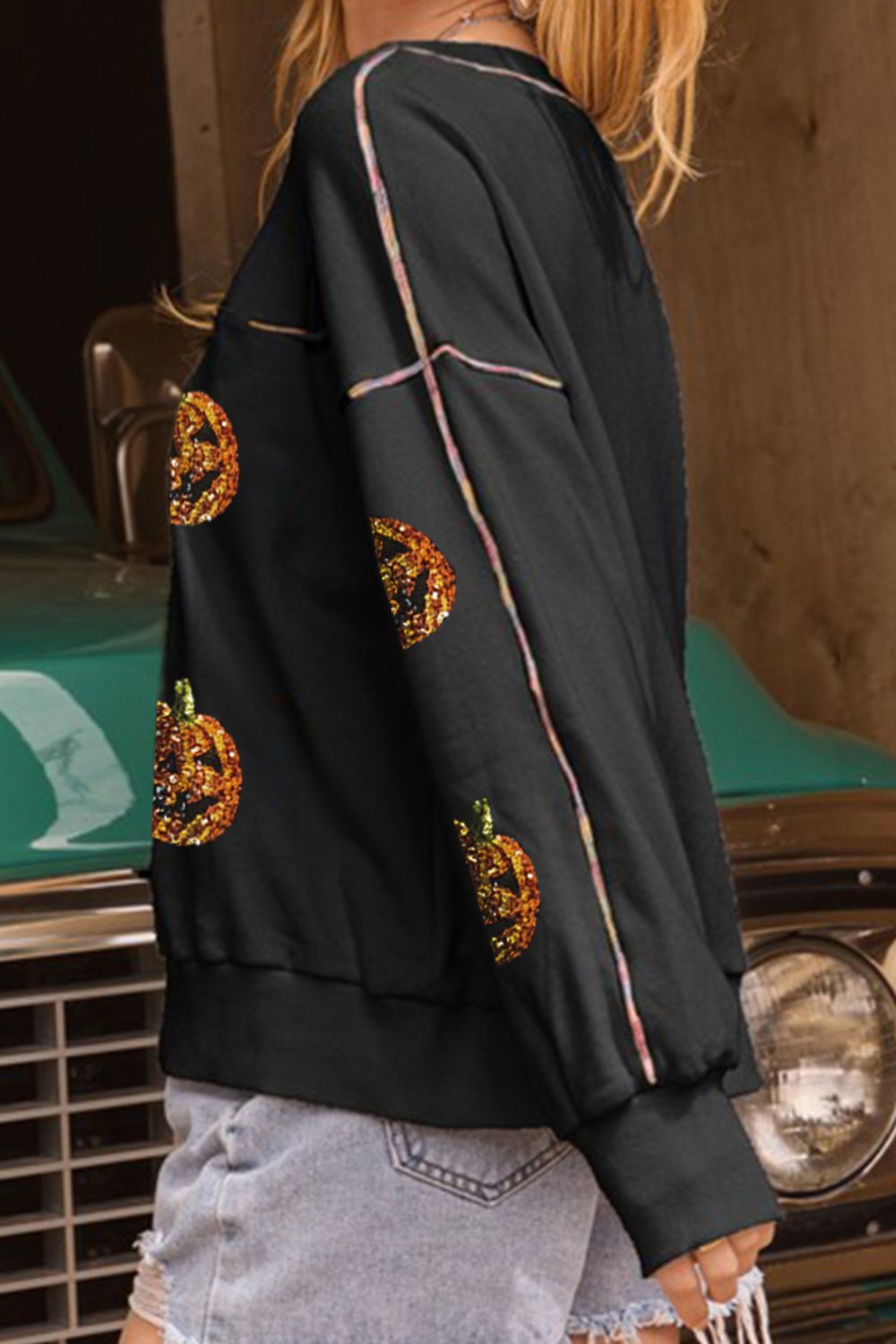 Sequin Pumpkin Round Neck Long Sleeve Sweatshirt - Laazaar