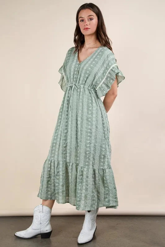 VERY J Embroidered Boho Ruffled Midi Dress