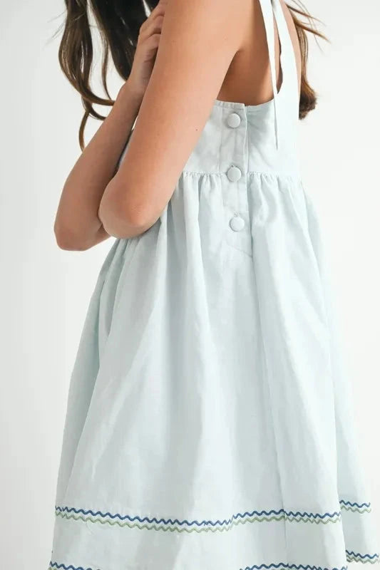 MABLE Zig Zag Embroidered Shoulder Tie Mini Dress