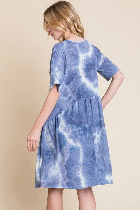 BOMBOM Tie-Dye V-Neck Half Sleeve Dress