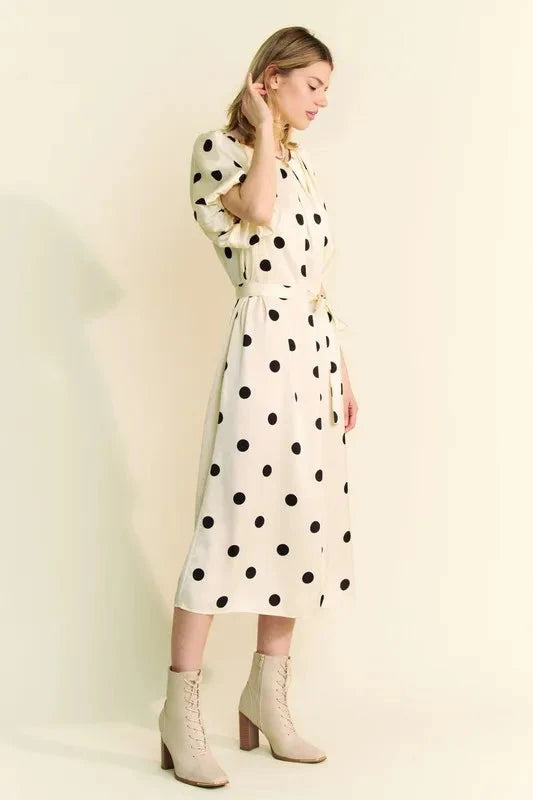 Davi & Dani Polka Dot Puff Sleeves Waist Tie Midi Dress