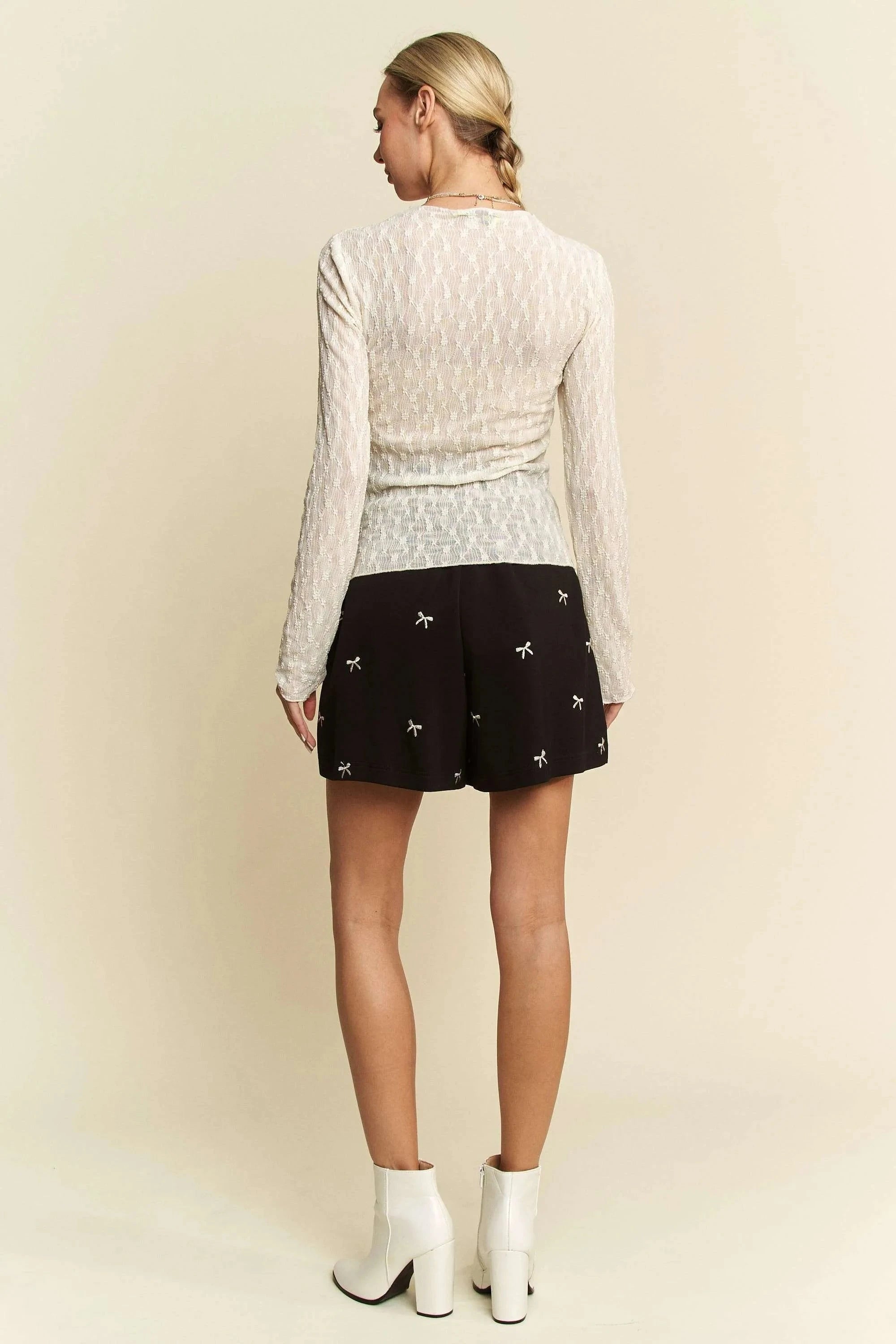 Davi & Dani Long Sleeve Sheer Small Embroidered Bows Lace Top