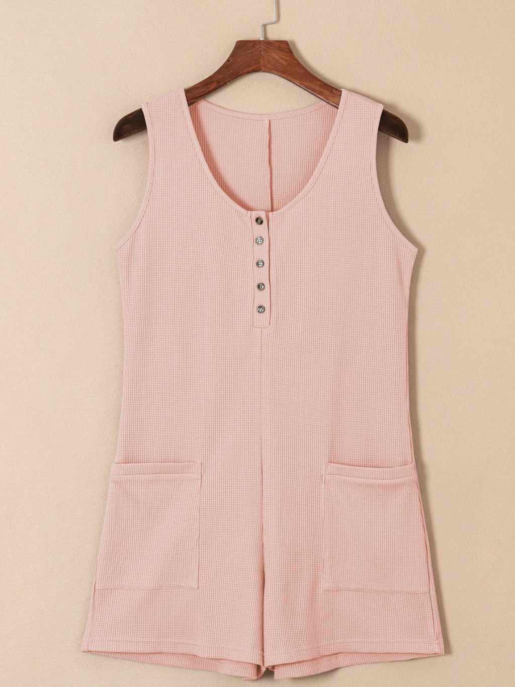 Waffle-Knit Half Button Sleeveless Romper with Pockets - Laazaar