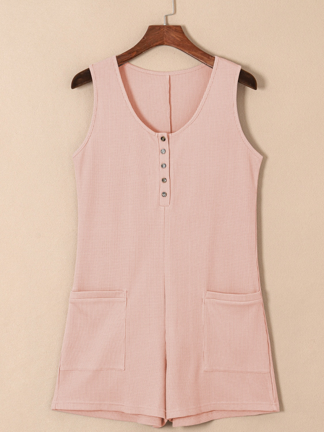 Waffle-Knit Half Button Sleeveless Romper with Pockets - Laazaar