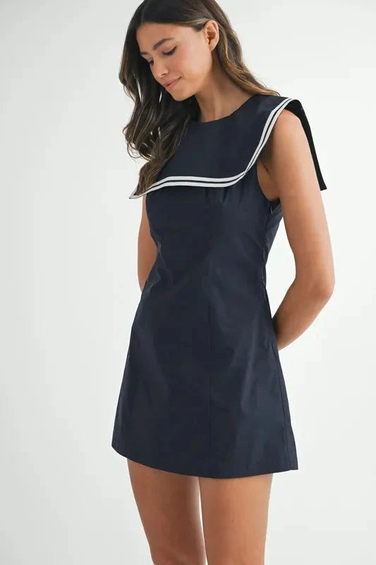 MABLE Contrast Piping Square Sailor Collar Mini Dress