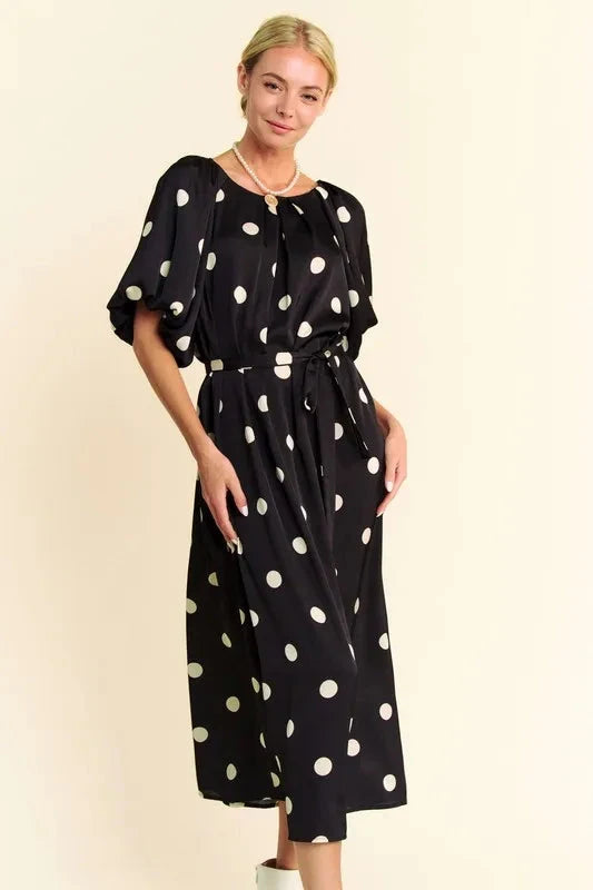 Davi & Dani Polka Dot Puff Sleeves Waist Tie Midi Dress