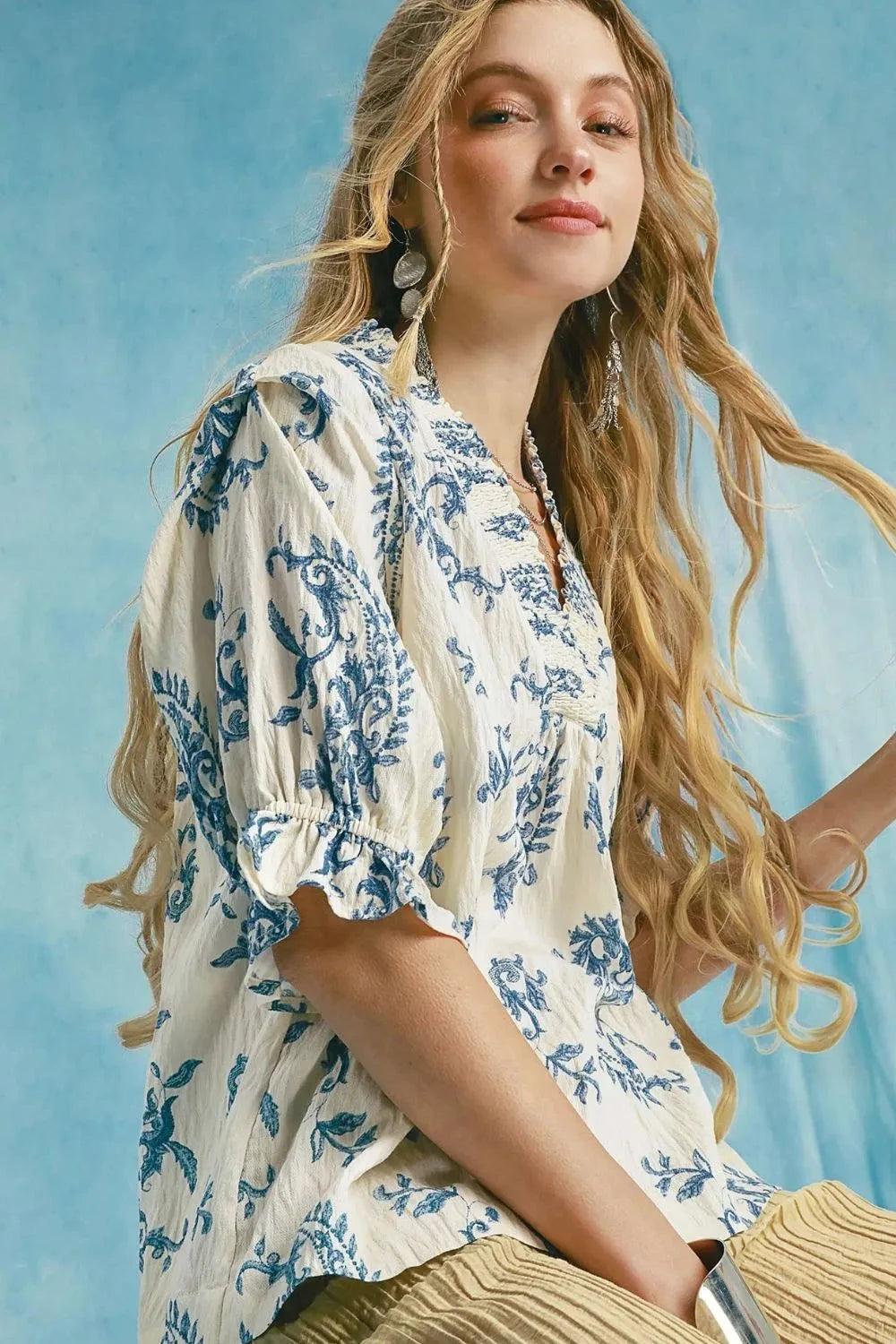 Umgee Ruffle Details Printed Half Sleeve Blouse