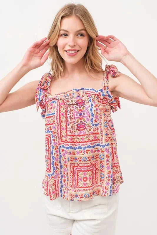 And The Why Ruffled Neck Tied Strap Boho Printed Swing Top