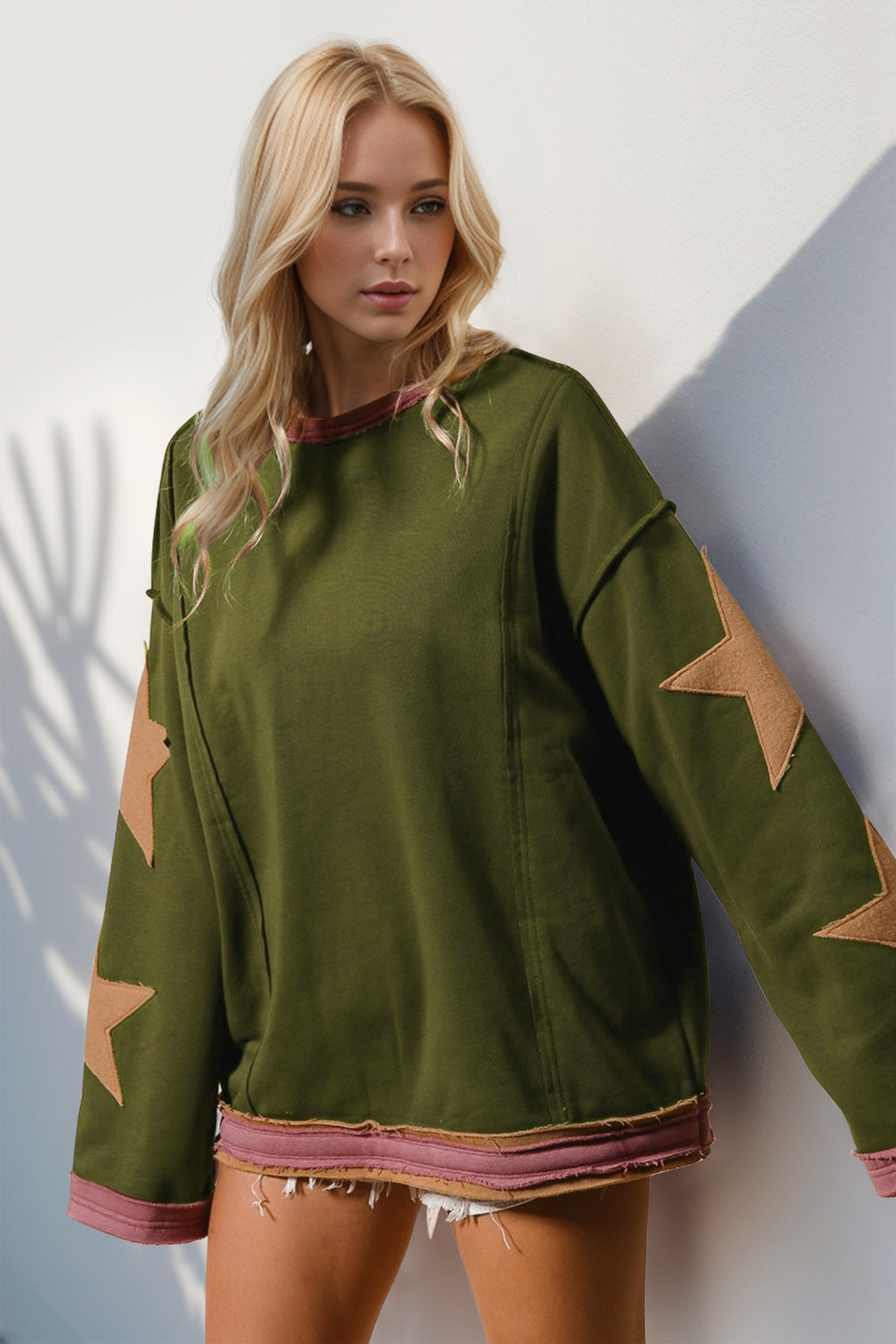 Double Take Star Patched Long Sleeve Sweatshirt - Laazaar