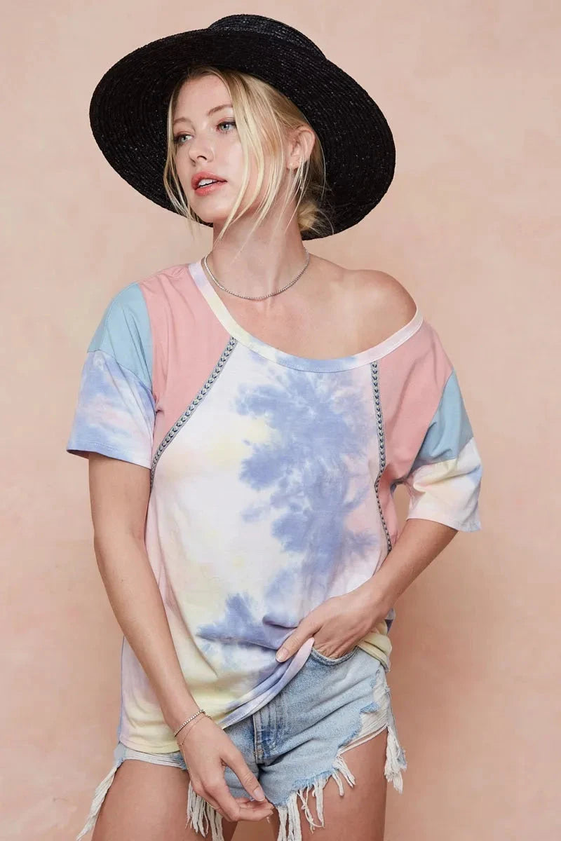 BiBi Tie Dye Printed Cotton Color Block T-Shirt