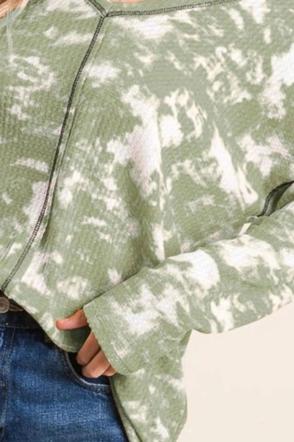 BiBi Tie Dye Print Waffle V Neck Top with Contrast