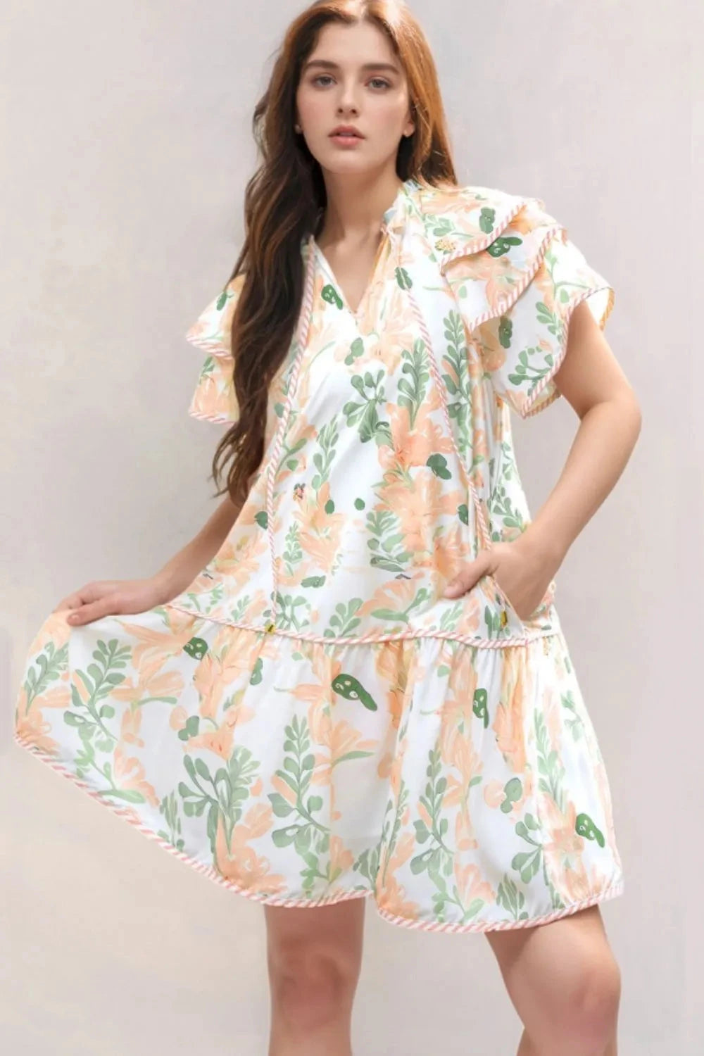 Floral Tie Neck Layered Short Sleeve Dress