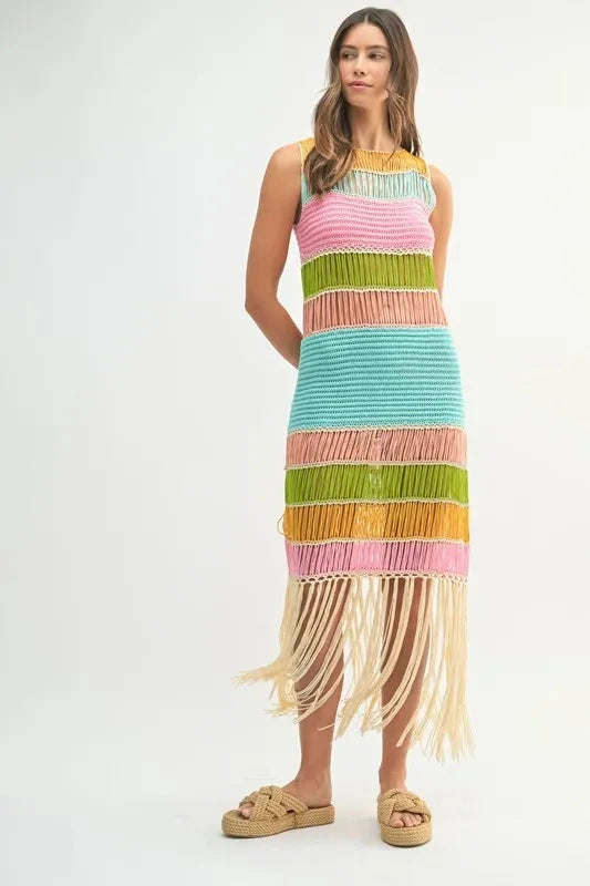 MABLE Multi Color Fringed Crochet Knit Dress