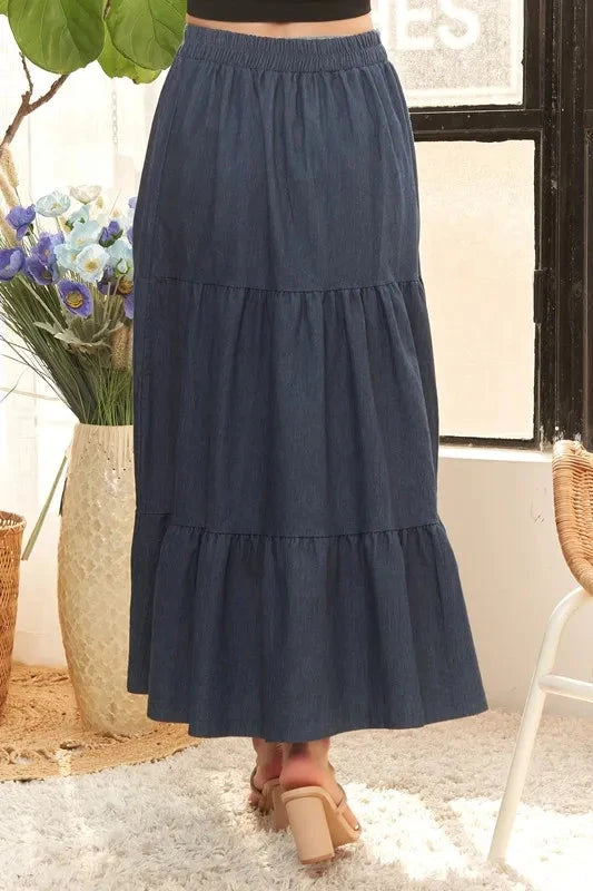 ADORA Waist Band Tiered Denim Maxi Skirt
