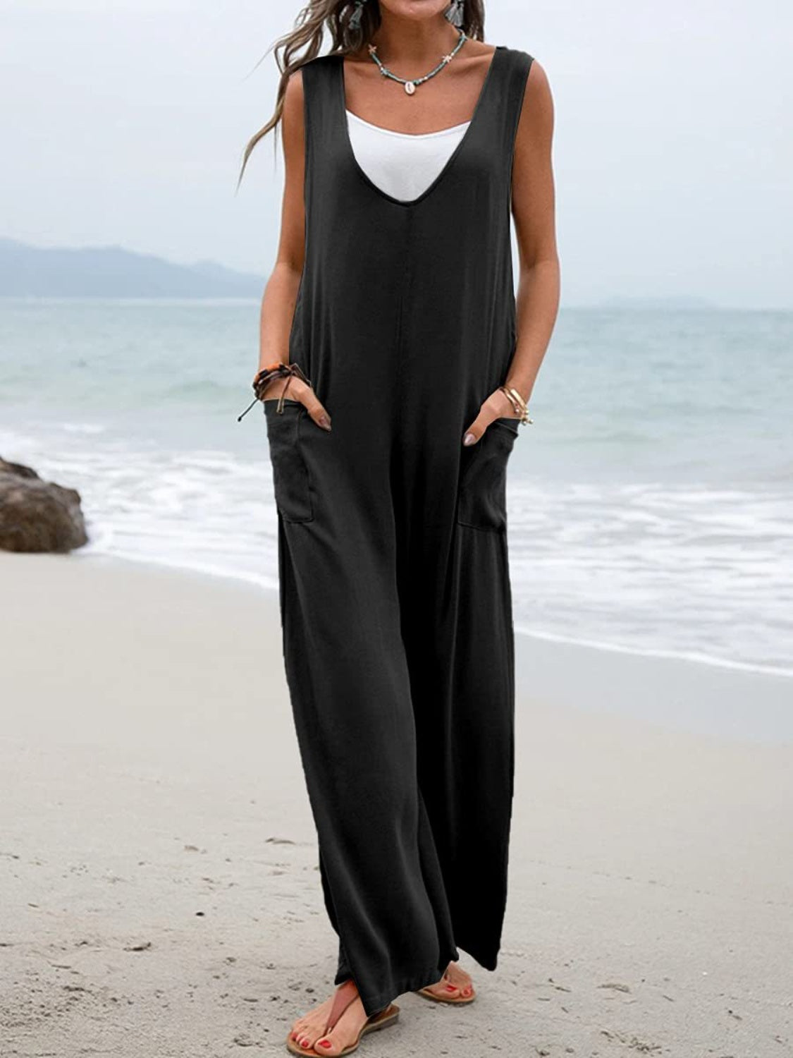 Full Size Wide Strap Jumpsuit with Pockets - Laazaar