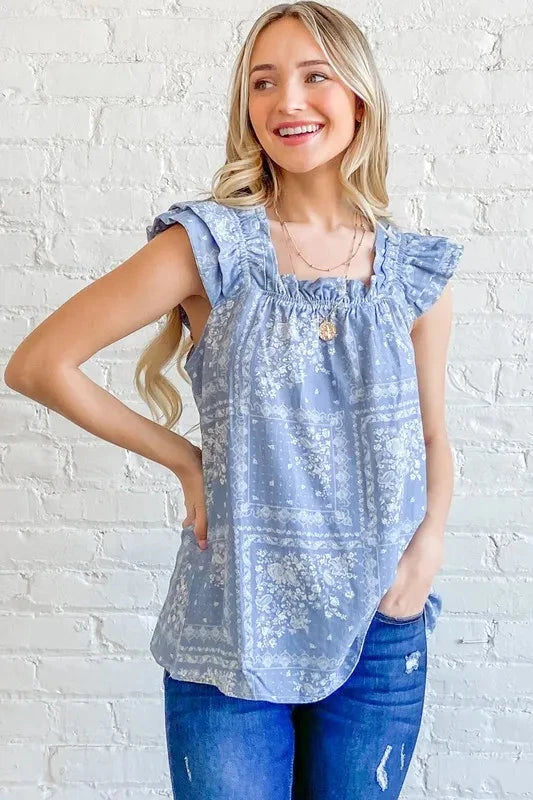 And The Why Boho Print Rayon Linen Ruffle Baby Doll Tank Top