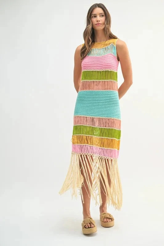 MABLE Multi Color Fringed Crochet Knit Dress