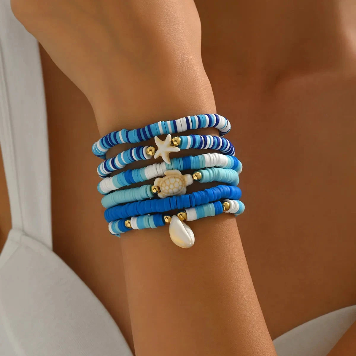 6-Piece Ceramic Beaded Shell Bracelet