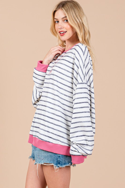 Ces Femme Striped Round Neck Drop Shoulder Sweatshirt - Laazaar