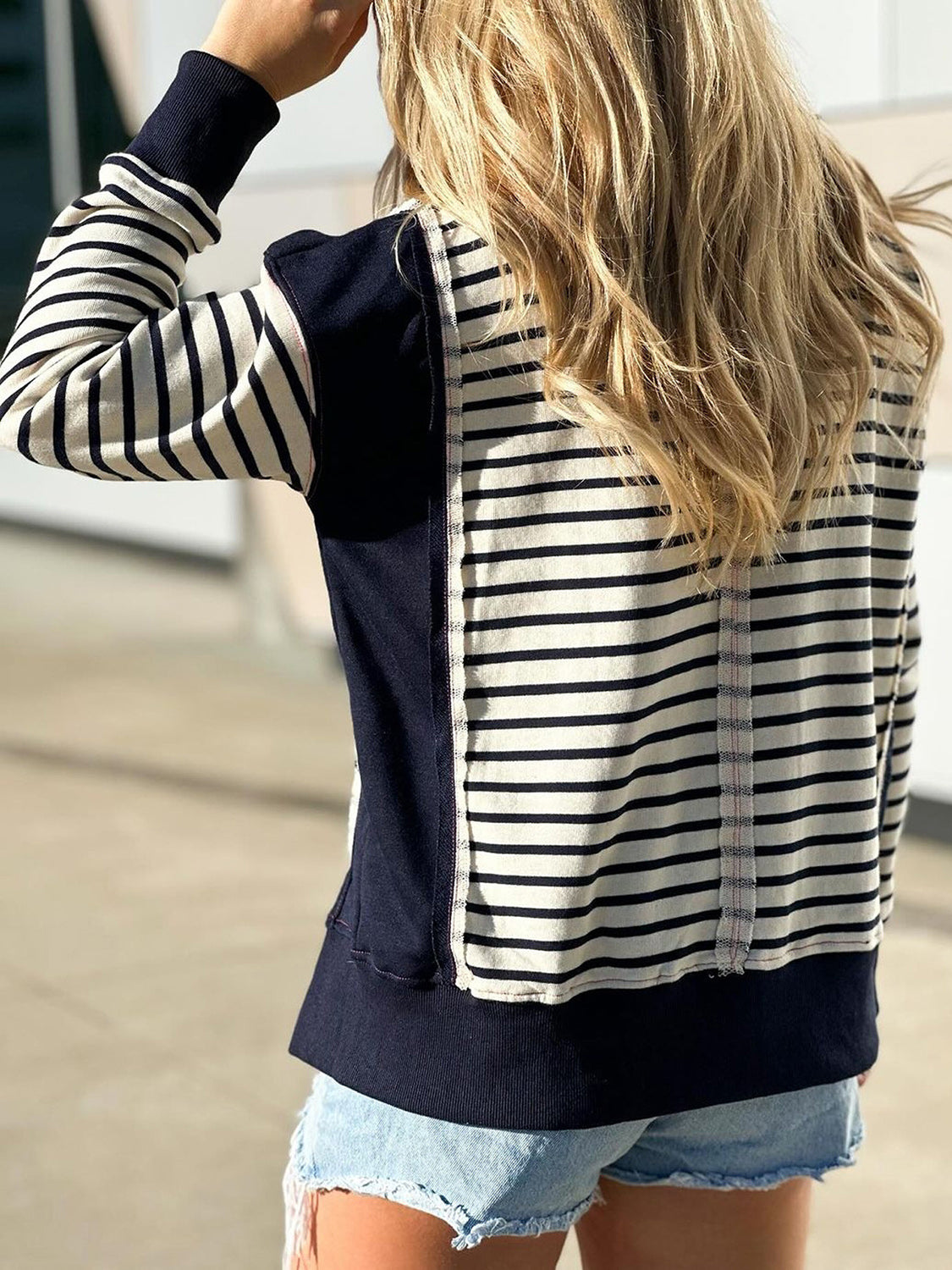 Slit Exposed Seam Striped Long Sleeve Sweatshirt - Laazaar