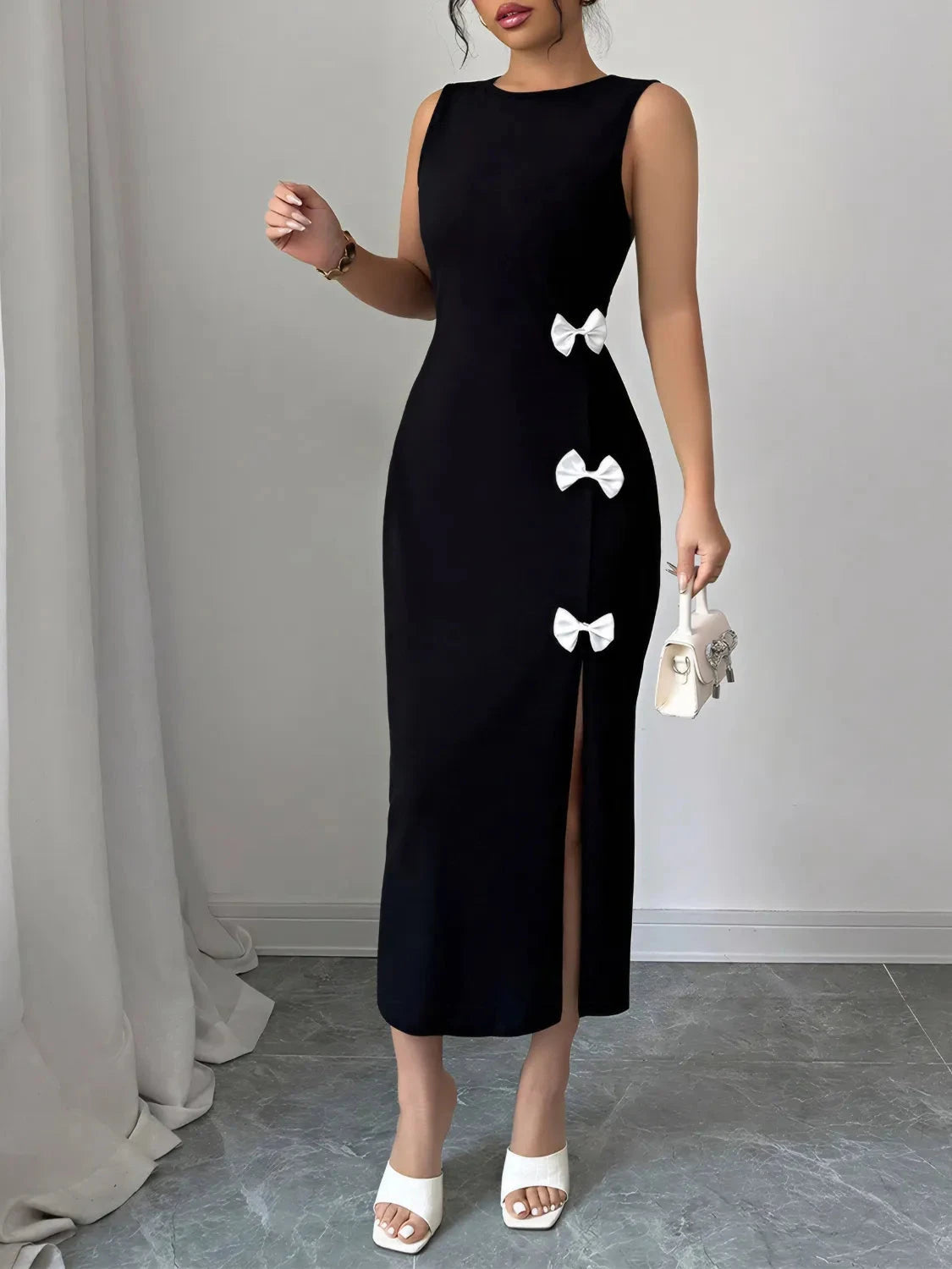 Bow Slit Round Neck Sleeveless Dress