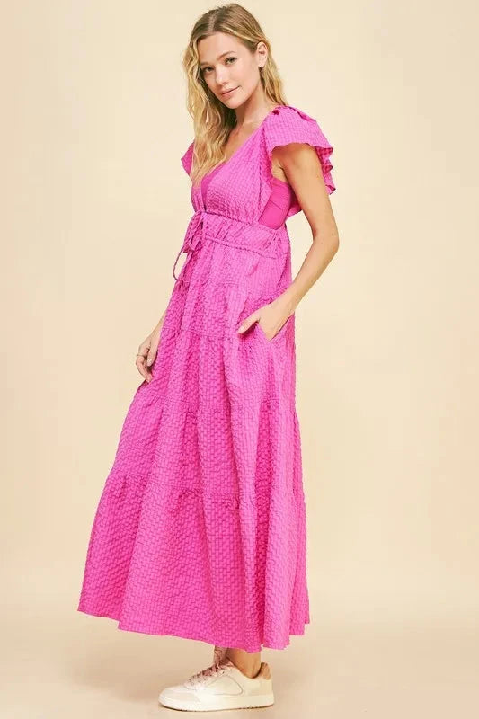 Davi & Dani Crinkled Texture Flutter Cap Sleeve Midi Dress