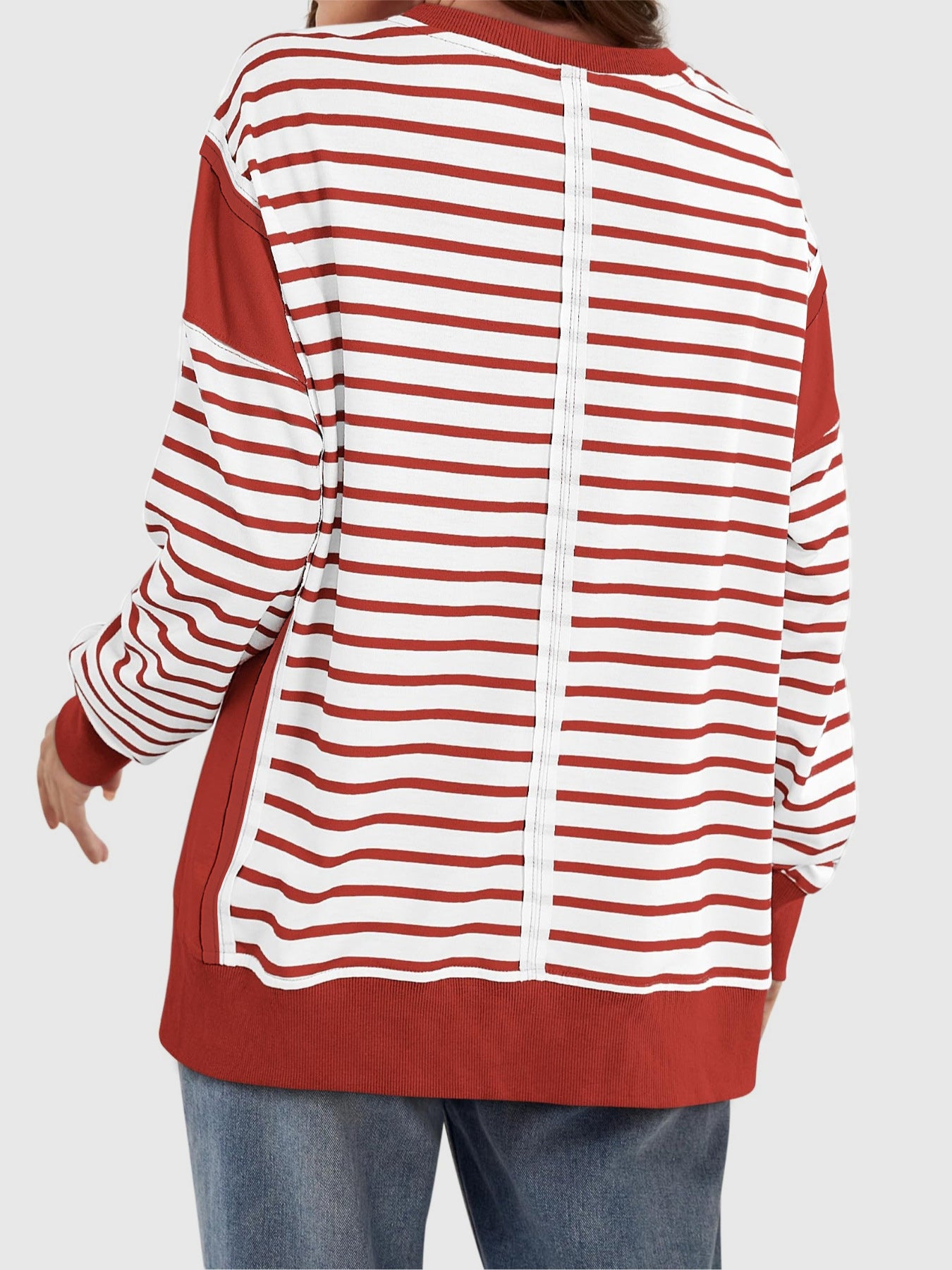 Slit Exposed Seam Striped Long Sleeve Sweatshirt - Laazaar