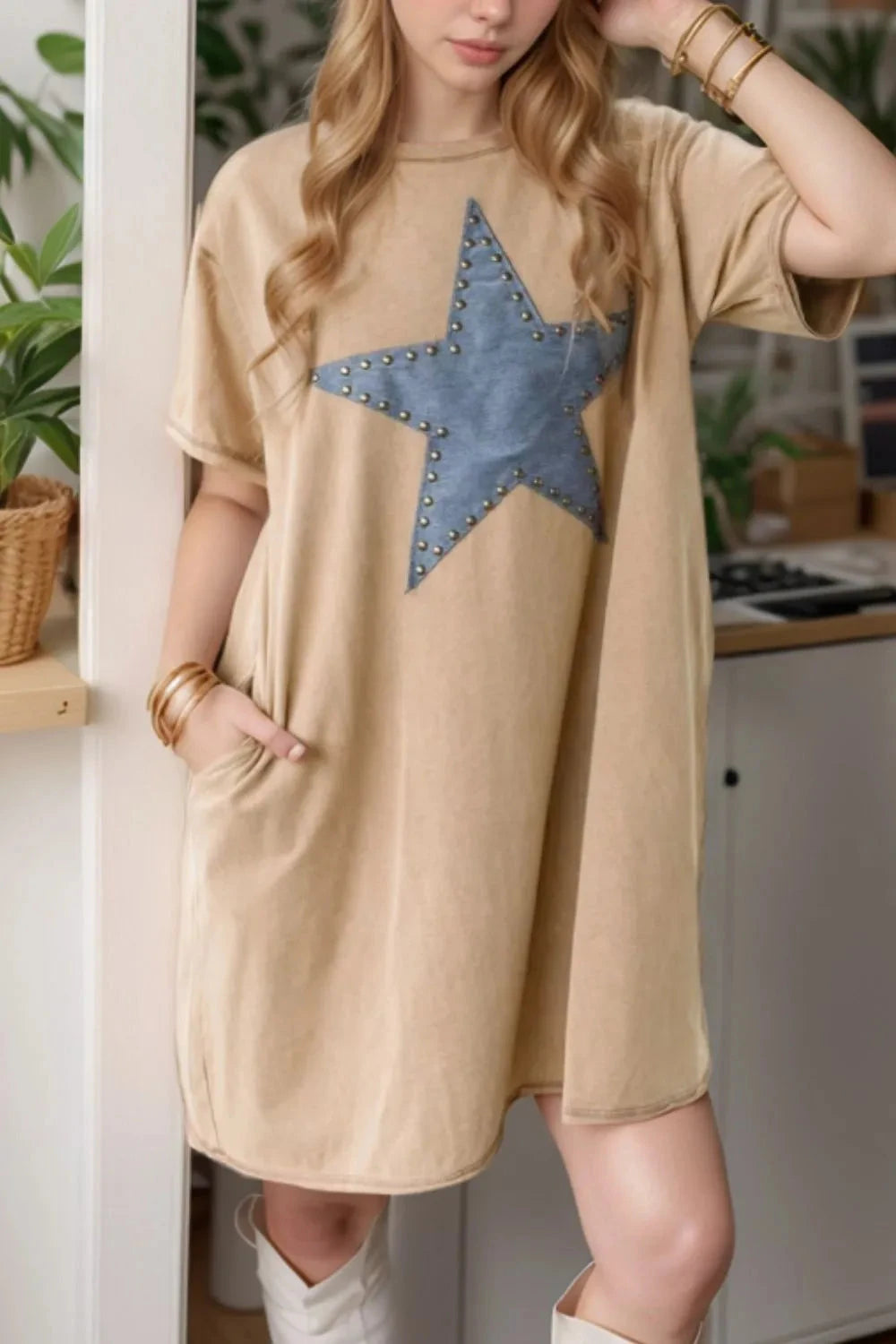 Mineral Wash Stud Beaded Star Pocketed T Shirt Dress