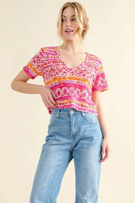 And The Why Printed V Neck Cropped T-Shirt