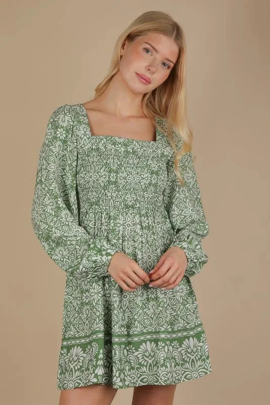 VERY J Printed Smocked Chest Boho Mini Dress