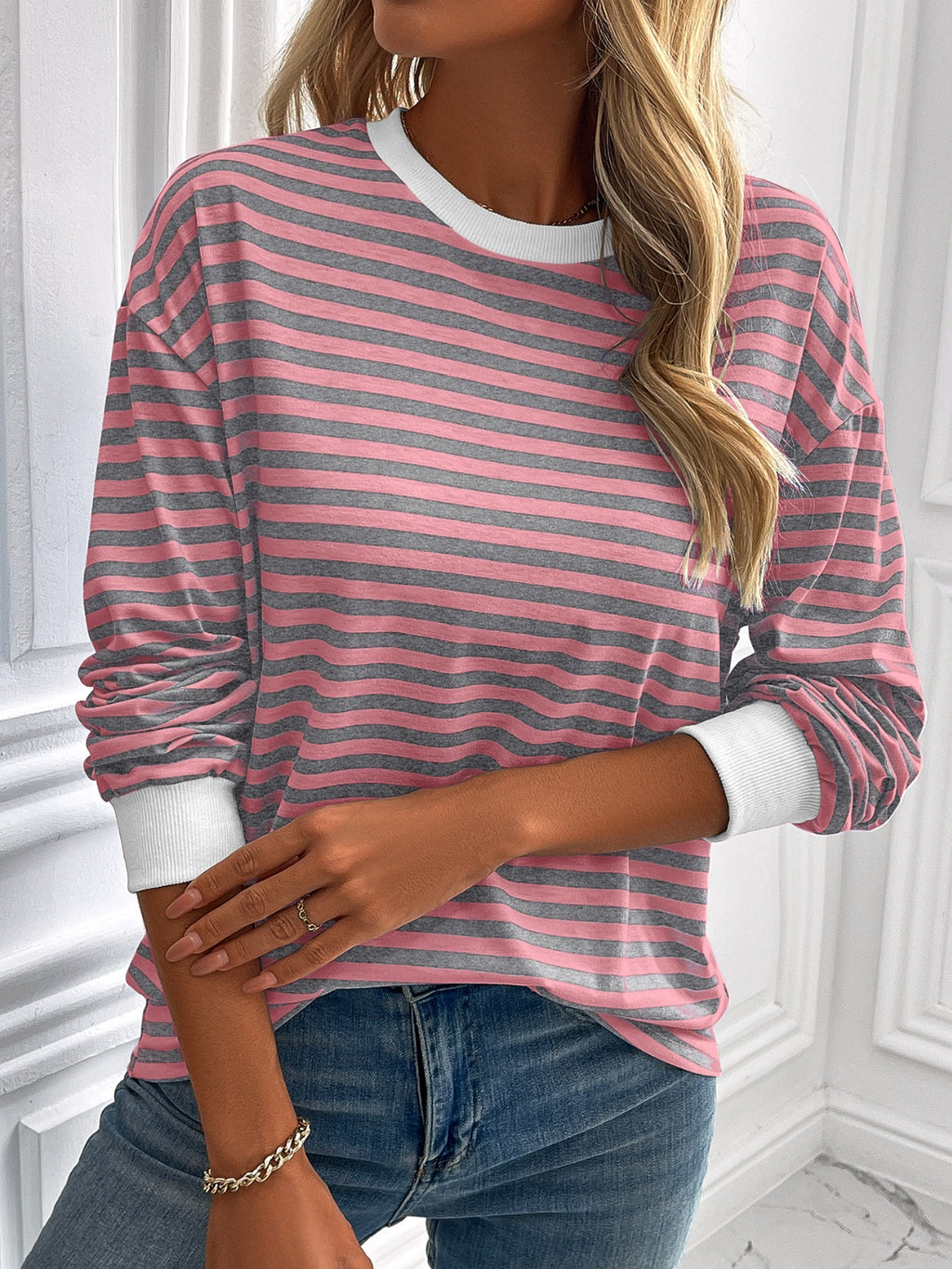 Ivy Lane Striped Round Neck Long Sleeve Sweatshirt - Laazaar