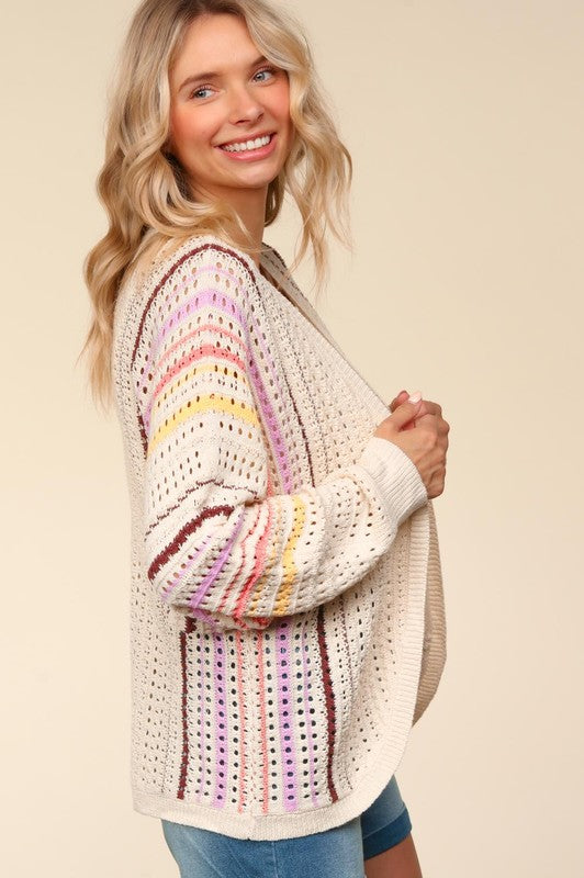Haptics Full Size Striped Crochet Open Front Cardigan - Laazaar