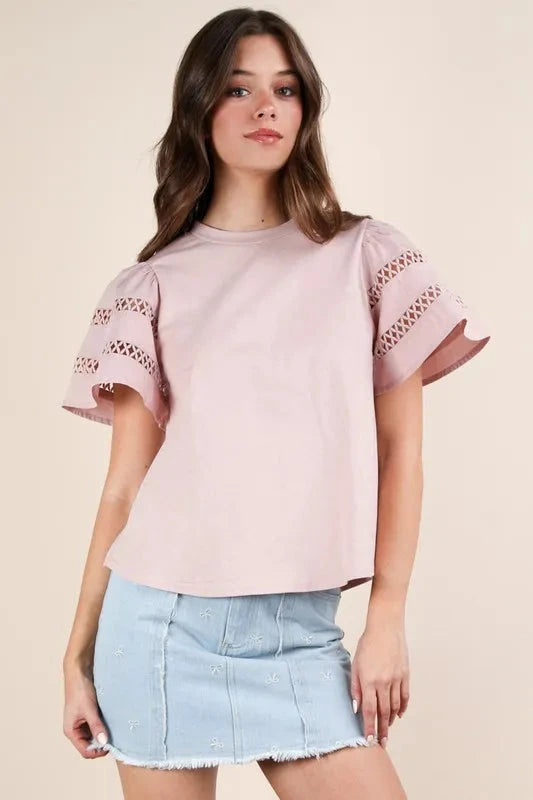 VERY J Lace Trim Sleeve Top