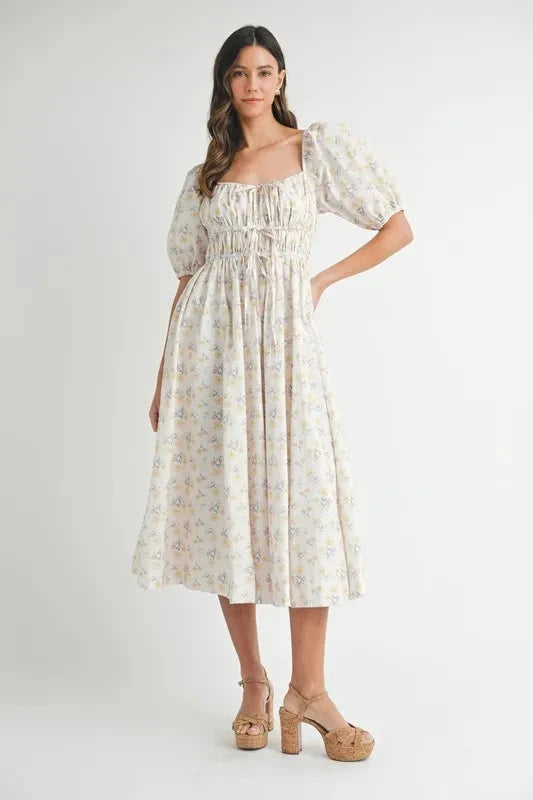 MABLE Floral Drawstring Detail Puff Sleeve Midi Dress