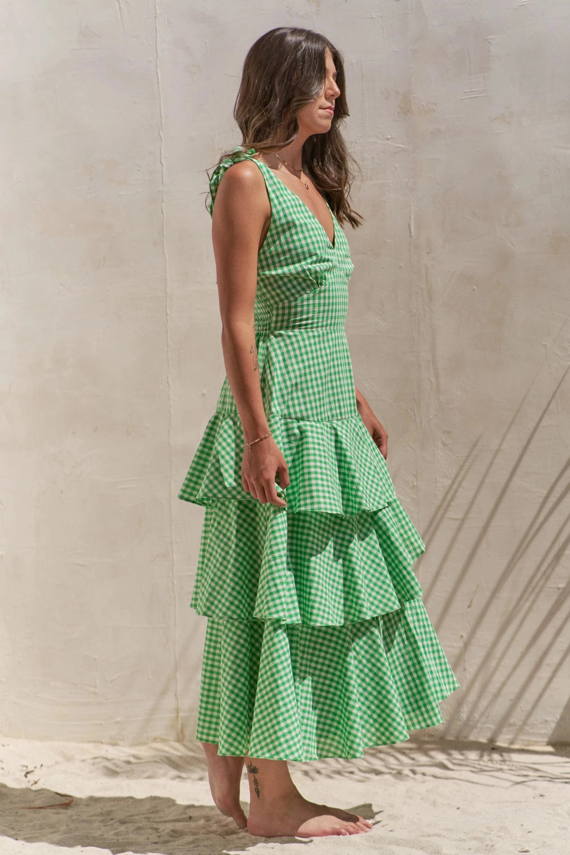 Jade By Jane Full Size Sleeveless Gingham Print Tiered Midi Dress Plus Size