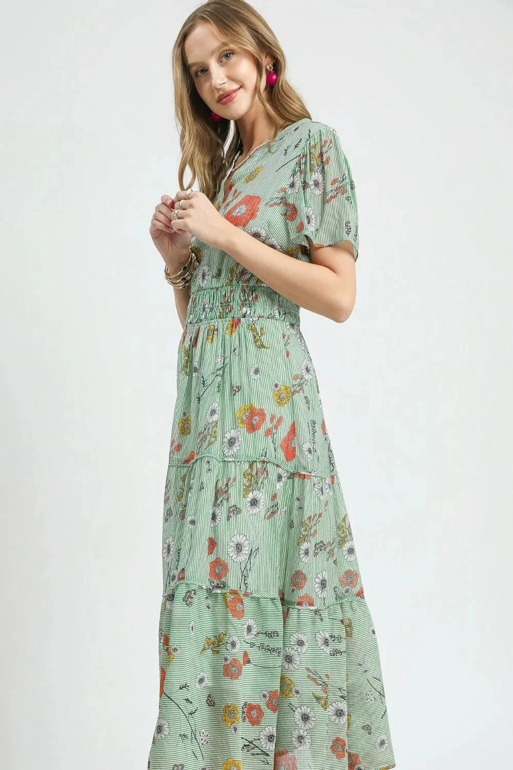 Umgee Smocked Waist Floral Short Sleeve Midi Dress