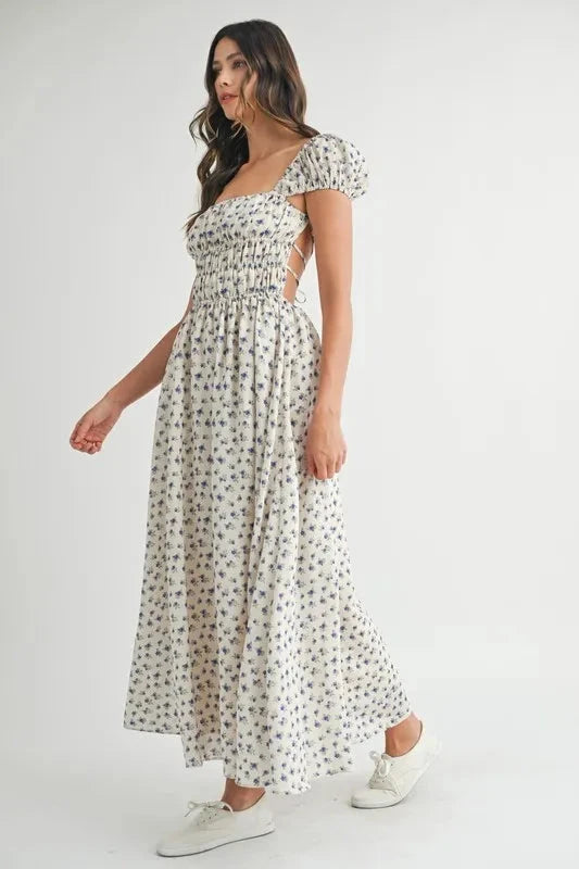 MABLE Floral Print Puff Sleeve Gathered Midi Dress
