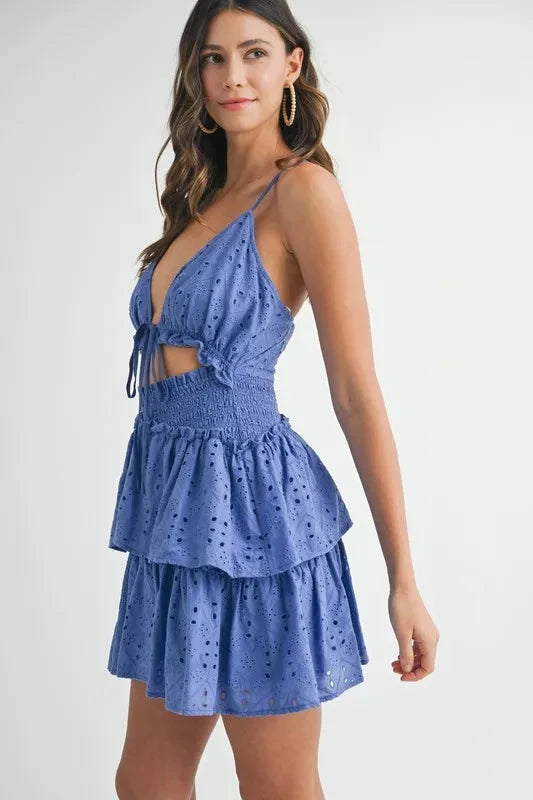 MABLE Lace Eyelet Ruffle Mini Dress With Front Cutout