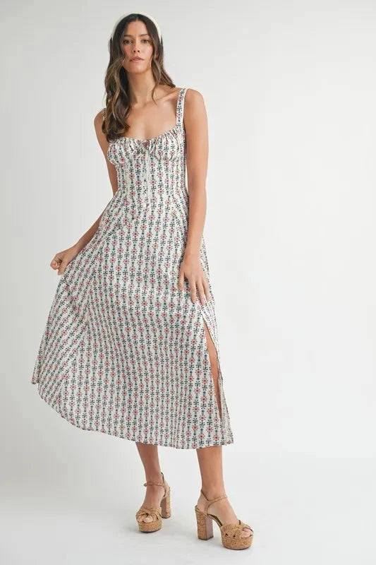 MABLE Floral Print Bustier Back Lace Up Midi Dress