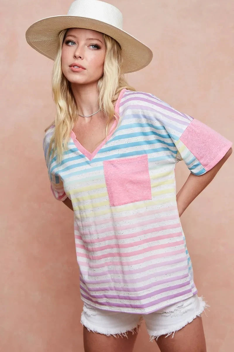 BiBi Rainbow Stripe Printed Triblend Knit Top